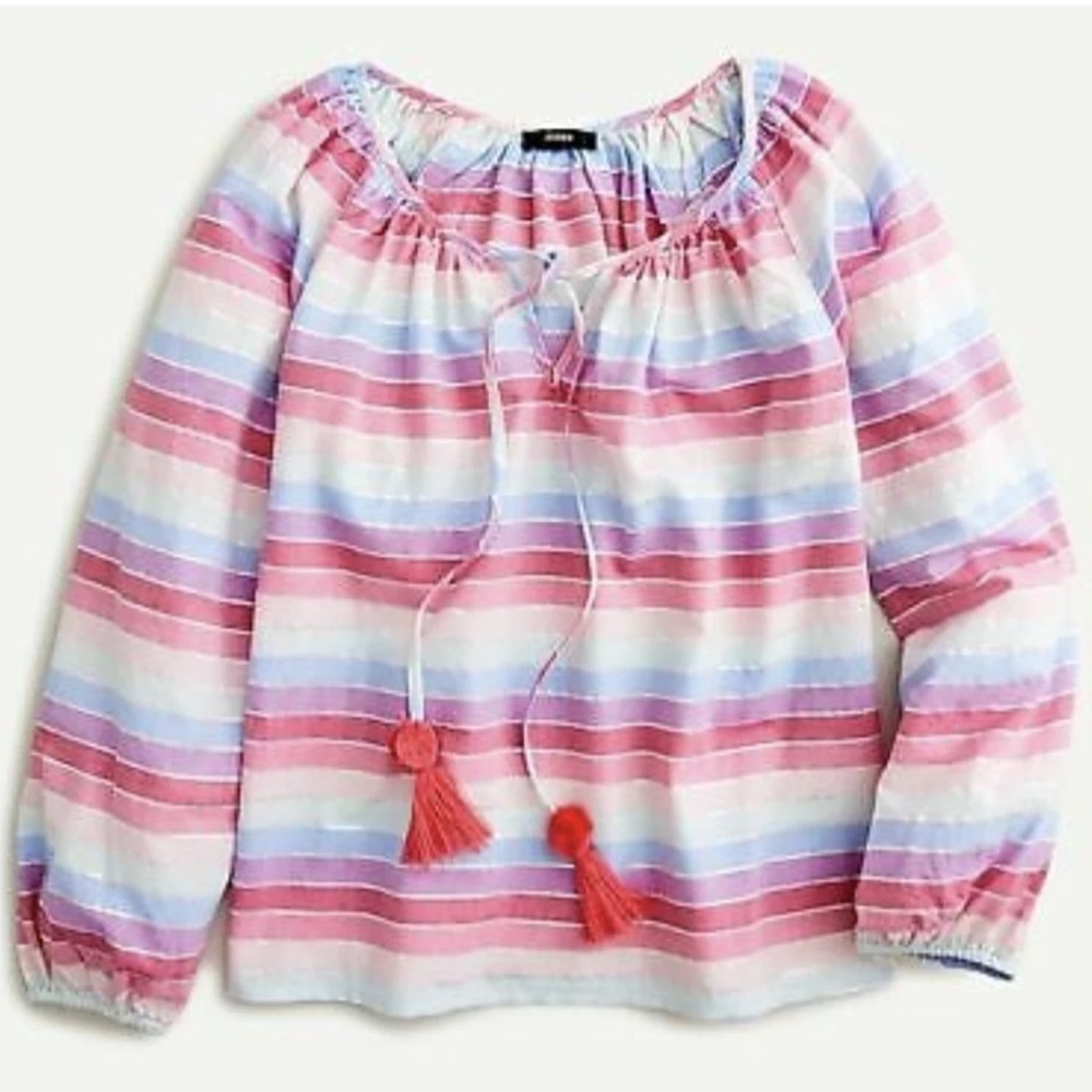 J Crew Peasant Blouse Womens Size XS Pastel Stripe Metallic Cotton Tassel Ties